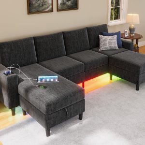 Smart Sectional Couches for Living Room, 6 Seat U/L Shaped Sectional Sofa with RGB Light/Charging